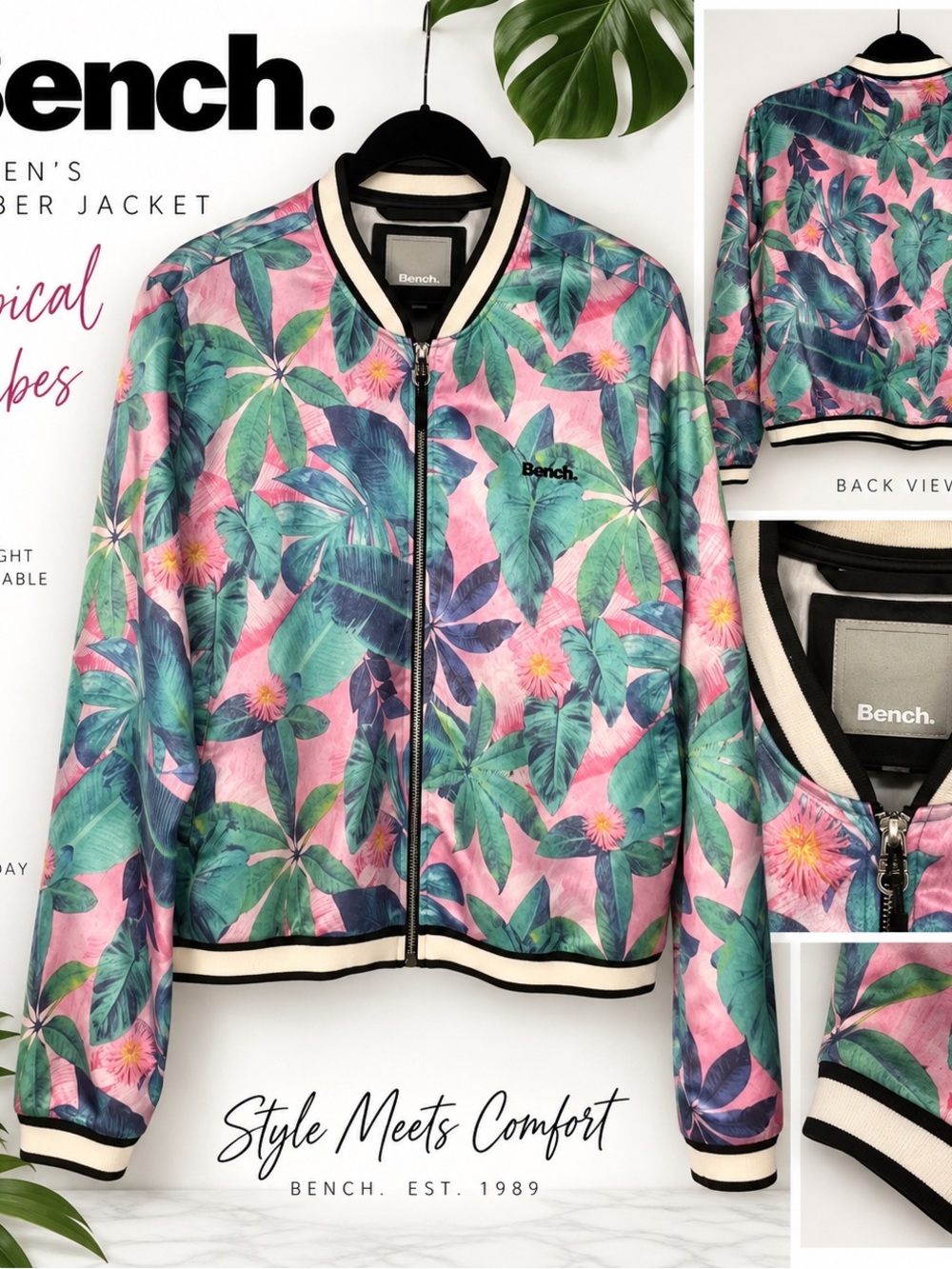 Bench Pink & Green Tropical Print Bomber Jacket